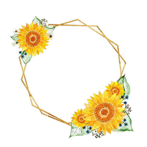 Gold frames with elements of sunflowers and leaves. Bouquet of sunflowers. Watercolor flower arrangement. Illustration for invitations and postcards. - Photo, Image