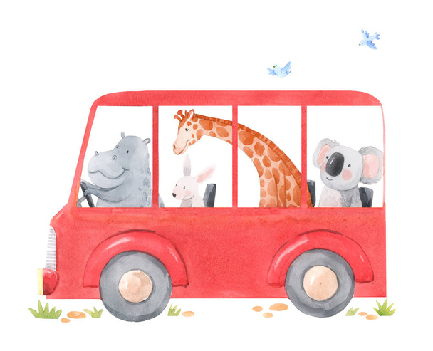 Beautiful stock illustration with cute hand drawn watercolor bus with animals. Rhino giraffe rabbit koala. Little friends. - Foto, Bild