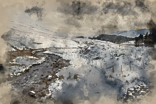 Akvarelové malování potoka protékajícího zasněženým sněhem Zimní krajina v horské krajině - Fotografie, Obrázek