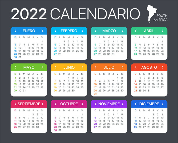 2022 календар - іспанський південнолатиноамериканський варіант - векторний шаблон - Вектор, зображення