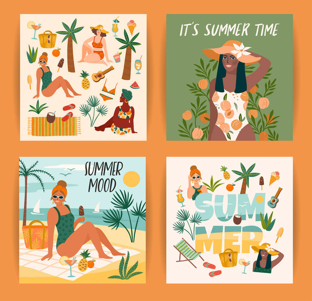 Set of bright summer illustrations with cute women. Summer holliday, vacation, travel. Vector templates - Vector, Image