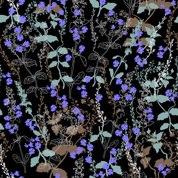 Blue small wildflowers and herbs drawn by hand on black background.  - Vektori, kuva