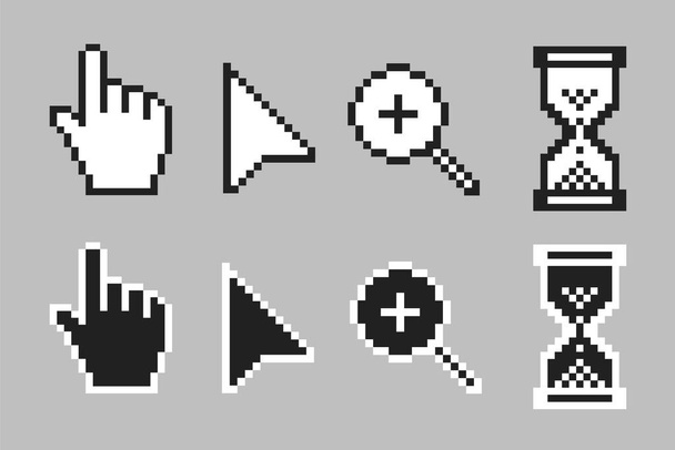 Schwarz-weißer Pfeil, Hand, Lupe und Sanduhr Pixel Mauszeiger Symbole Vektor Illustration Set - Vektor, Bild