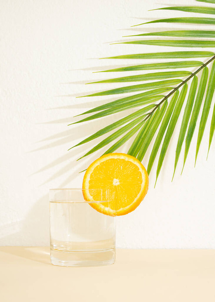 fresh glass of water with slice of orange on a sunny day.palm tree shadow above refreshment.happy summer idea - Zdjęcie, obraz