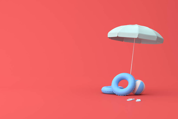 Minimal scene of umbrella with ball and rubber ring on red background, Summer concept, 3D rendering. - Photo, Image