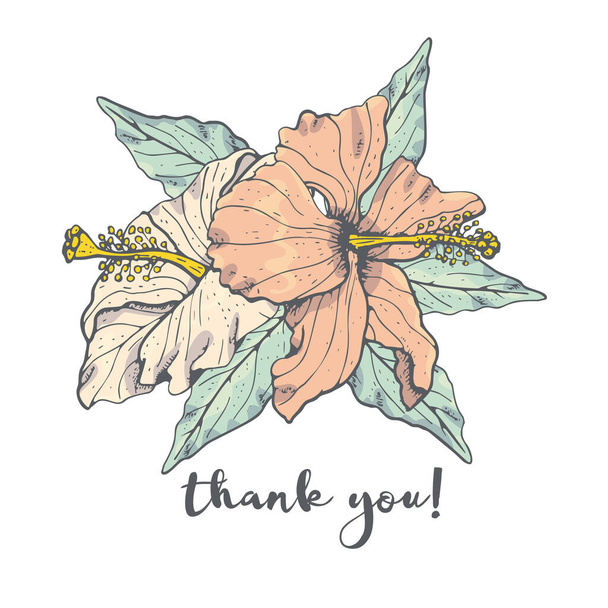Vintage γραμμή τέχνη ιβίσκος διάταξη λουλουδιών με γκρι περίγραμμα και κείμενο σας ευχαριστώ - Διάνυσμα, εικόνα