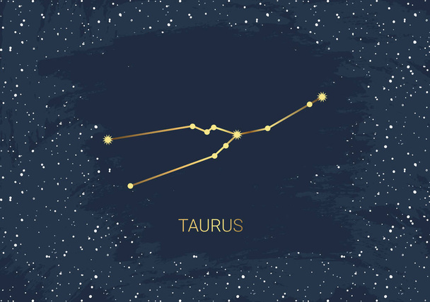 Kézzel húzott kártya arany Taurus, csillag, ecset. Csillagvilági égi tér. Zodiákus horoszkóp szimbólum, csillagasztrológia, asztrológia jel, ikon. Varázslatos tér galaxis, vektor vázlat illusztráció - Vektor, kép