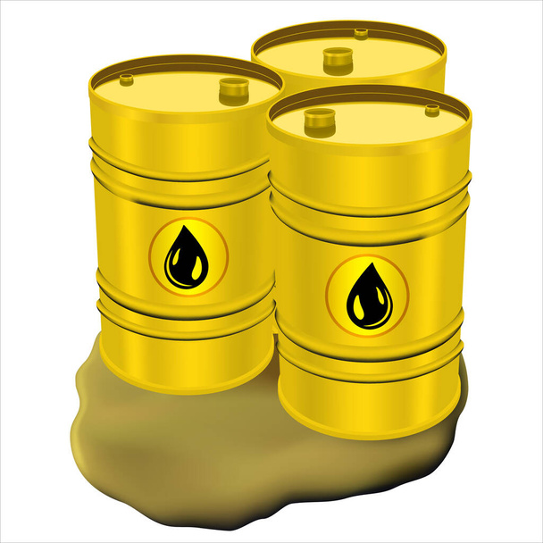 白い背景に3本の黄色い鉄の樽が隔離されている。石油市場における金融危機の概念。200L産業用オイルバレル。シングルブラックバレル。3Dレンダリング - ベクター画像