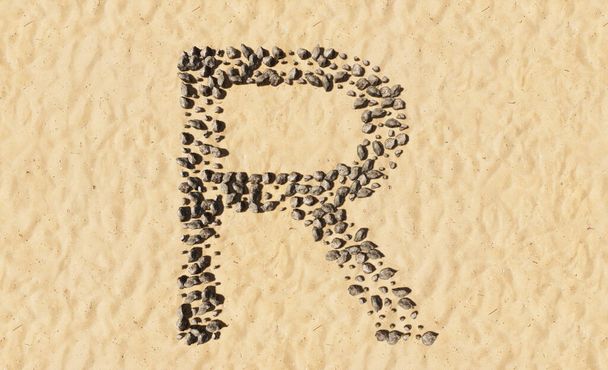 Pojetí nebo koncepční kameny na pláži písek ručně vyrobený symbol tvar, zlaté písčité pozadí, znak R. 3d ilustrační metafora pro vzdělávání, příroda, léto, slunečné, přímořské a tropické - Fotografie, Obrázek