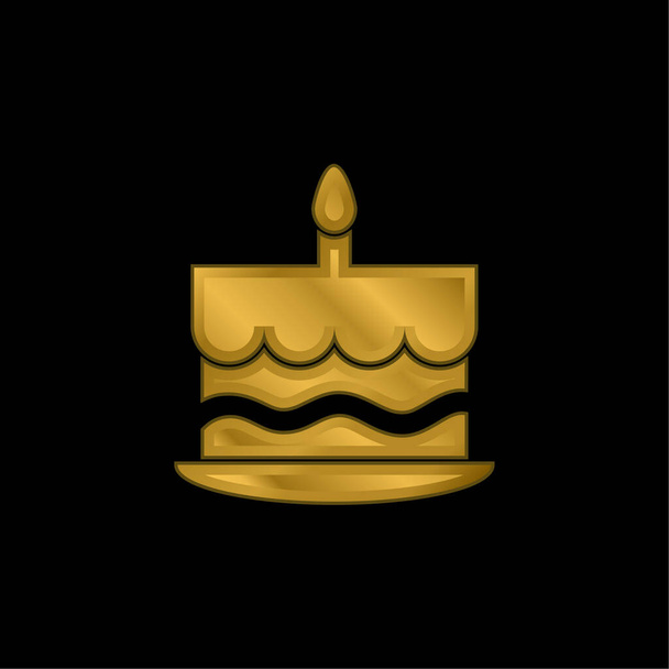 Bolo de aniversário com uma vela em chamas no topo banhado a ouro ícone metálico ou vetor logotipo - Vetor, Imagem