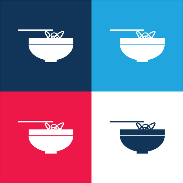 Bol avec nouilles chinoises bleu et rouge quatre couleurs ensemble d'icône minimale - Vecteur, image