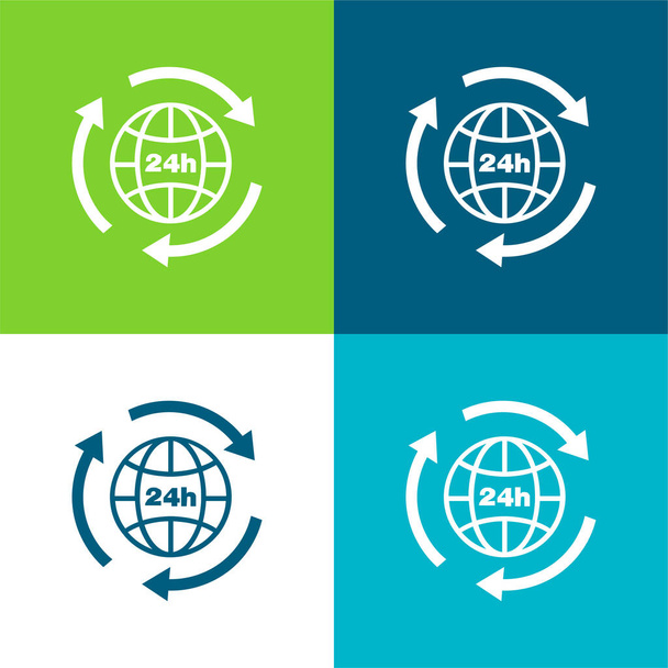 24 óra Föld rács szimbólum nyilakkal kör körül lapos négy szín minimális ikon készlet - Vektor, kép