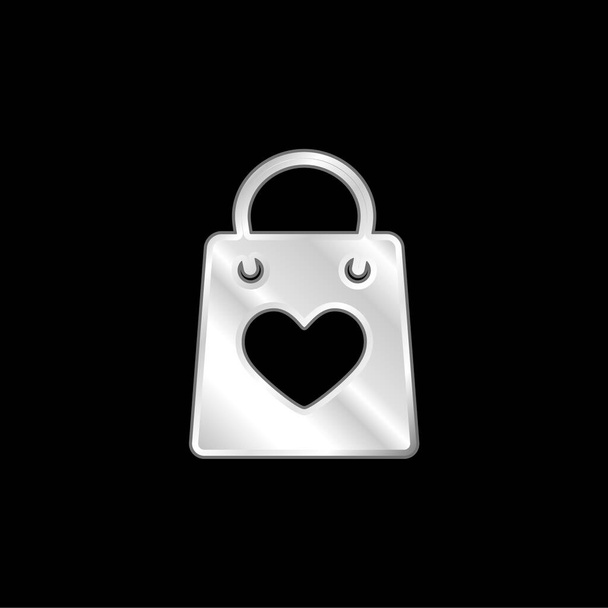 Bag With A Heart silver plated metallic icon - Vector, Image