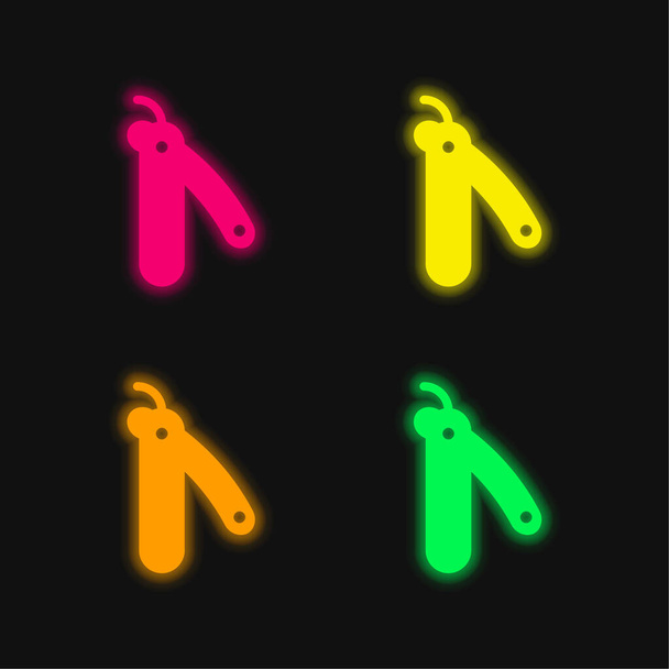 Cuchillo de peluquero cuatro colores brillante icono de vectores de neón - Vector, imagen