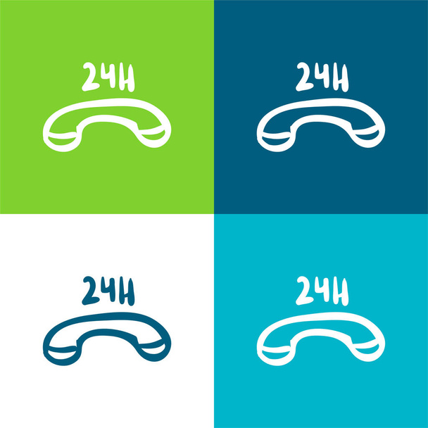 24 ώρες Εμπορικό τηλέφωνο Επίπεδη τέσσερις χρώμα ελάχιστο σύνολο εικονιδίων - Διάνυσμα, εικόνα