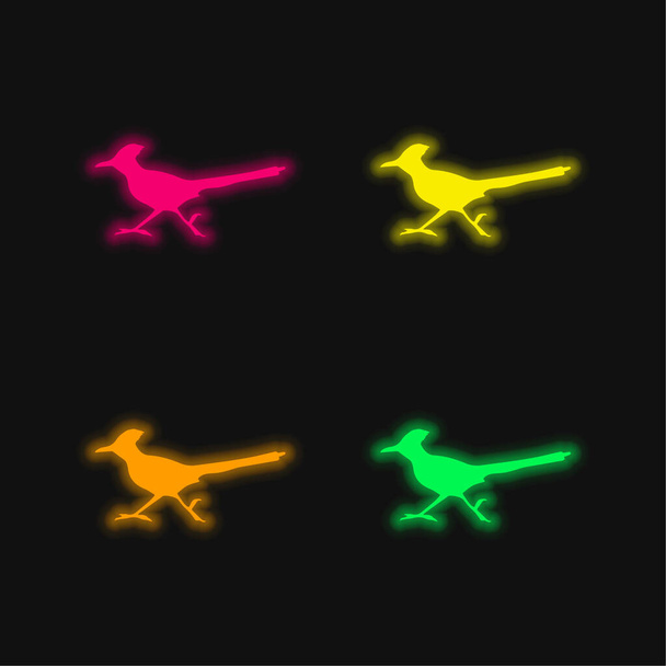 Kuş Roadrunner Şekil dört renk parlayan neon vektör simgesi - Vektör, Görsel