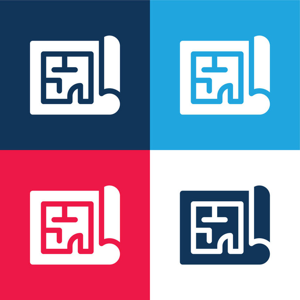 Blueprint niebieski i czerwony zestaw czterech kolorów minimalny zestaw ikon - Wektor, obraz
