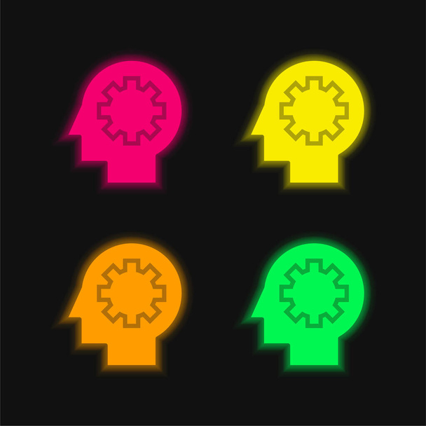 Beyin Süreci 4 renkli parlayan neon vektör simgesi - Vektör, Görsel