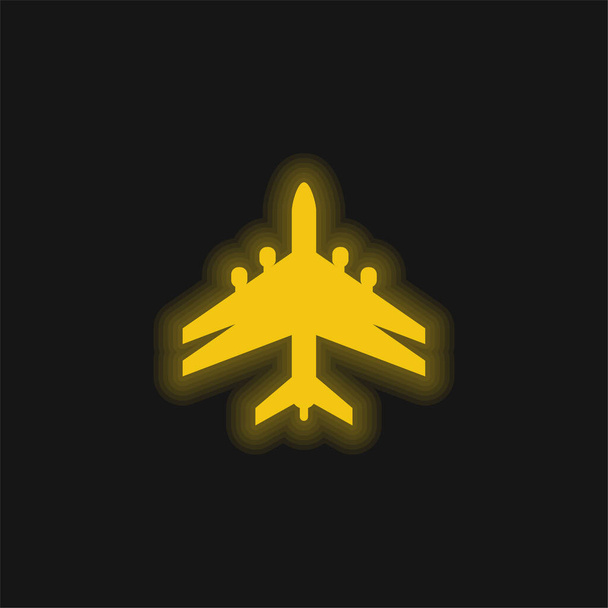 Αεροπλάνο μαύρο σχήμα με διπλά φτερά κίτρινο λαμπερό νέον εικονίδιο - Διάνυσμα, εικόνα