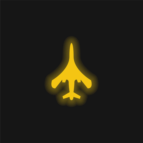 Flugzeug von oben oder unten Ansicht der schwarzen Silhouette Form gelb leuchtenden Neon-Symbol - Vektor, Bild
