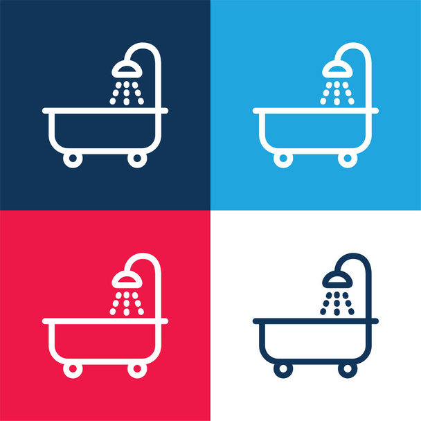 Banheira com chuveiro azul e vermelho conjunto de ícones mínimos de quatro cores - Vetor, Imagem