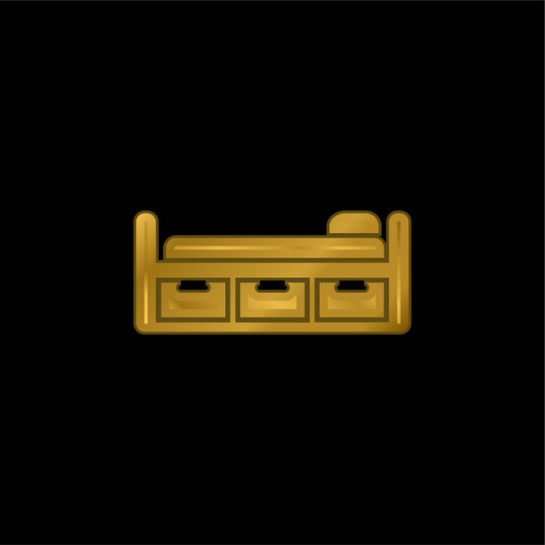 Diseño de la cama con tres cajones chapado en oro icono metálico o logo vector - Vector, imagen
