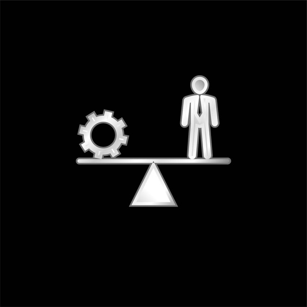 Equilibrio tra Cogwheel e Businessman argento placcato icona metallica - Vettoriali, immagini
