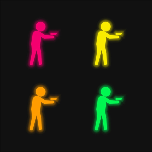 Silueta masculina criminal armada icono de vectores de neón brillante de cuatro colores - Vector, imagen