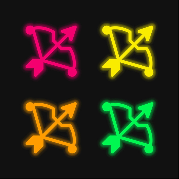 Tiro con arco de cuatro colores brillante icono de vectores de neón - Vector, imagen