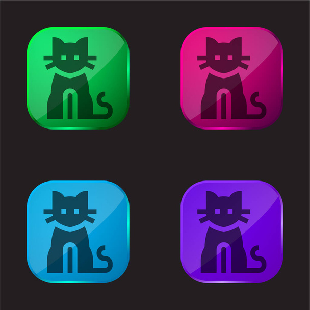 Black Cat four color glass button icon - Vector, Image