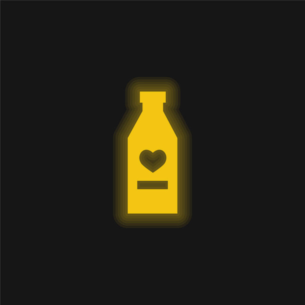 Botella de vino con corazón amarillo brillante icono de neón - Vector, imagen