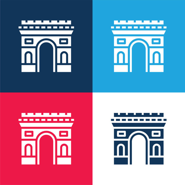 Arc De Triomphe blauw en rood minimaal vier kleuren icoon set - Vector, afbeelding