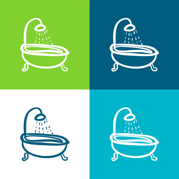 Bathtub Vintage Shower Flat four color minimal icon set - Vector, Image