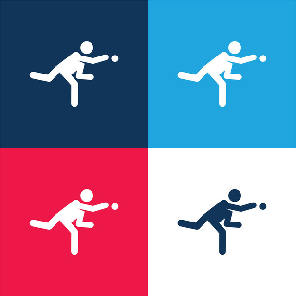 Honkbal speler blauw en rood vier kleuren minimale pictogram set - Vector, afbeelding