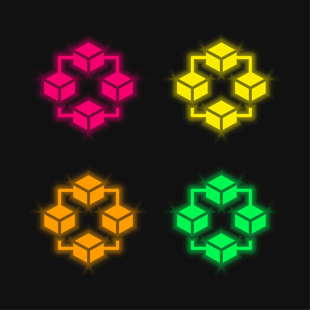 Blockchain cztery kolory świecące neon wektor ikona - Wektor, obraz