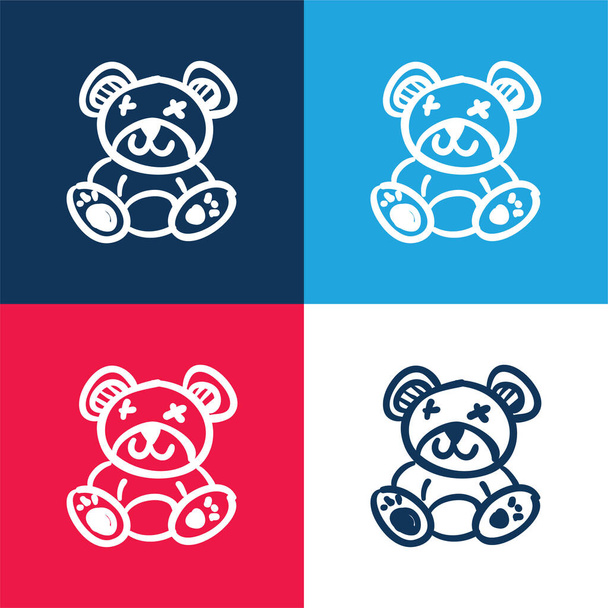 Brinquedo de urso azul e vermelho conjunto de ícone mínimo de quatro cores - Vetor, Imagem