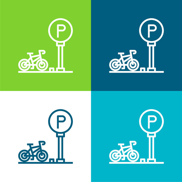 Bike Parking Επίπεδη τεσσάρων χρωμάτων ελάχιστο σύνολο εικονιδίων - Διάνυσμα, εικόνα
