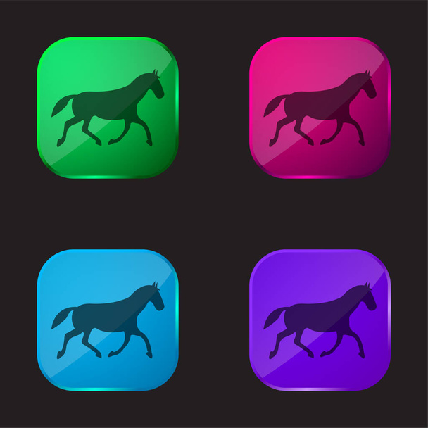 Μαύρο άλογο κούρσας Περπάτημα Pose τέσσερις χρώμα γυαλί εικονίδιο κουμπί - Διάνυσμα, εικόνα