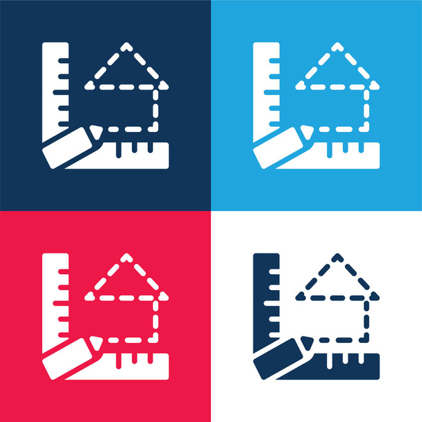 Blueprint azul y rojo conjunto de iconos mínimo de cuatro colores - Vector, Imagen