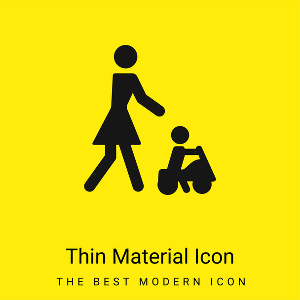 Bebé jugando en un coche de juguete con su madre icono de material amarillo brillante mínimo - Vector, Imagen