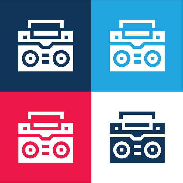 Boombox azul y rojo conjunto de iconos mínimo de cuatro colores - Vector, Imagen