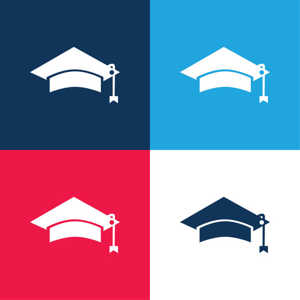 Herramienta negra del casquillo de la graduación del estudiante universitario para el sistema mínimo del icono del color azul y rojo de la cabeza cuatro - Vector, imagen