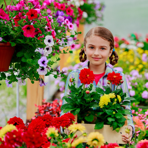 Plantio, flores do jardim - plantas de compras menina e flores no centro do jardim
 - Foto, Imagem