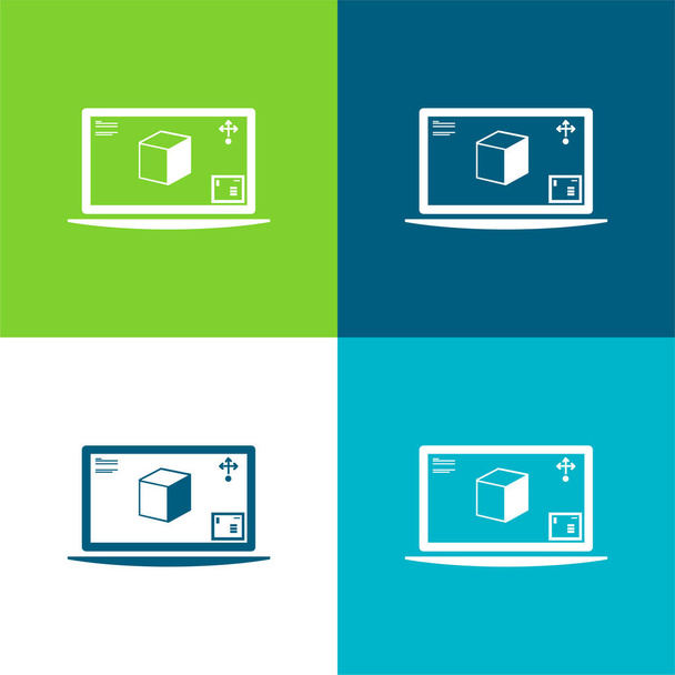 3d εκτυπωτή στην οθόνη οθόνη επίπεδη τέσσερις χρώμα ελάχιστο σύνολο εικονιδίων - Διάνυσμα, εικόνα