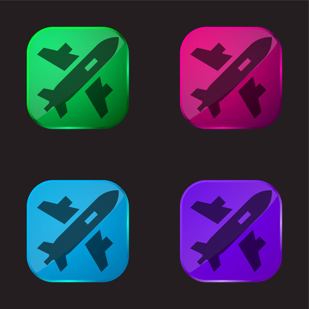 Airplane quattro colori icona pulsante di vetro - Vettoriali, immagini