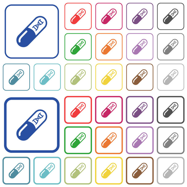 Medicina con icone piatte di colore della molecola del DNA in cornici quadrate arrotondate. Versioni sottili e spesse incluse. - Vettoriali, immagini