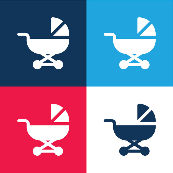 Carruagem de bebê azul e vermelho conjunto de ícone mínimo de quatro cores - Vetor, Imagem