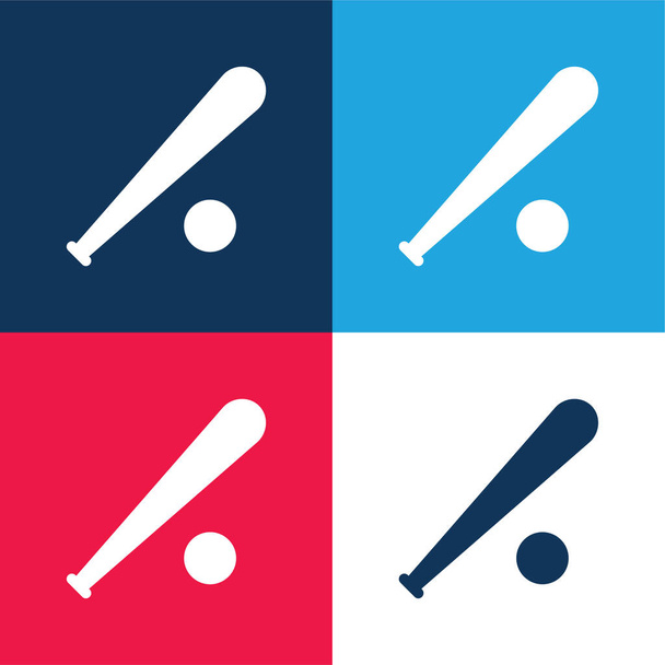 Bate de béisbol y bola azul y rojo conjunto de iconos mínimo de cuatro colores - Vector, imagen
