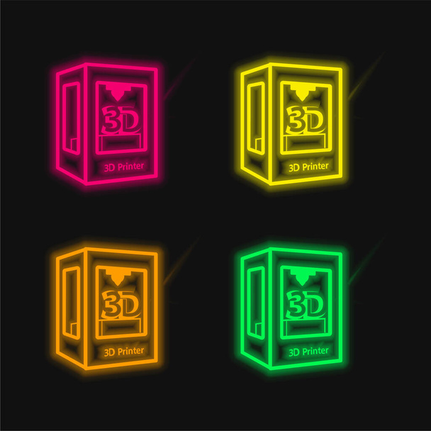 3Dプリンタシンボル4色の輝くネオンベクトルアイコン - ベクター画像