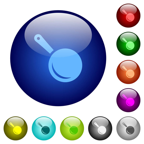 Iconos de vista superior de la sartén en botones de vidrio redondos en múltiples colores. Estructura de capas dispuestas - Vector, Imagen